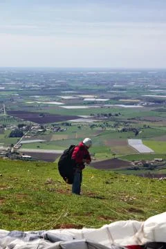 Paraglider set his canopy Stock Photos