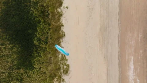 Paraglider soar over vegetated dune and sandy beach Stockbeeldmateriaal 323787558