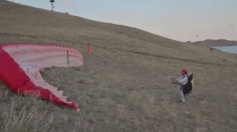 Paraglider started, ridge soaring, ridge lift, in Koktebel Crimea10 Stock Footage 40731567