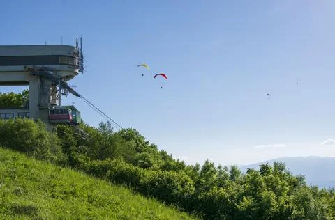 Paragliders are flying simultaneously Stock Photos