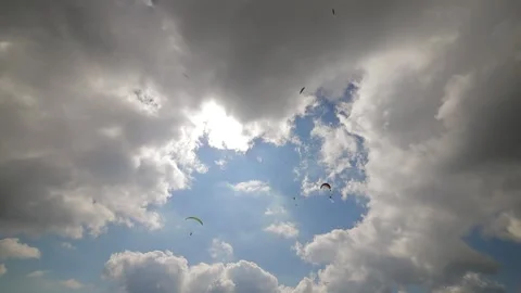 Paragliders fly in the sky on a parachute. Active hobby. Skydiving Vidéo 138175089
