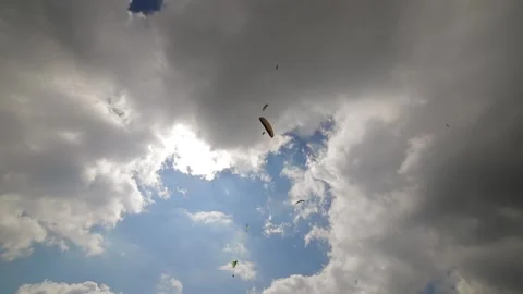 Paragliders fly in the sky on a parachute. Active hobby. Skydiving Vidéo 138175097