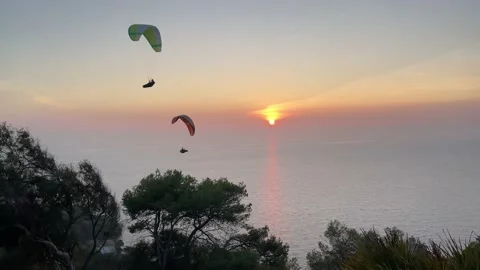 Paragliders passing in front of the setting sun Stock Footage 167977489