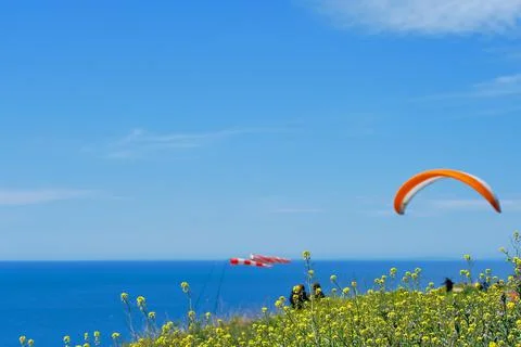 Paragliders, selective focus, blurred background. The beauty of nature Stock Photos