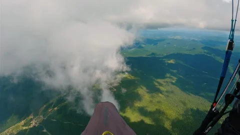 Paragliding Flying Above Clouds over Green Mountains, Adrenaline Adventure Stock Footage 311919936