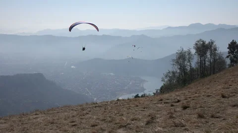 Paragliding launch site at mountain slope in Pokhara, Nepal Stock Footage 48790640