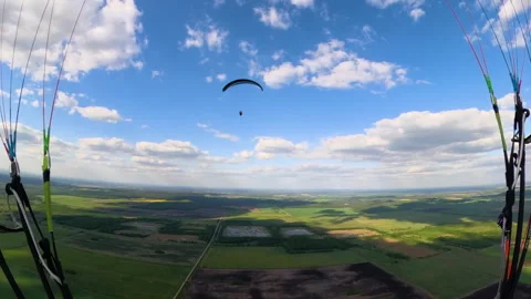 Paragliding point of view flying over Belarusian fields and forests gopro view Vídeo Stock 244658409