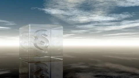 Paragraph symbol in glass cube under cloudy sky - 3d rendering Illustrazione stock