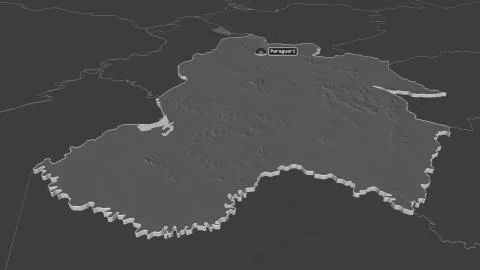 Paraguar, Paraguay. Bilevel elevation map with surface waters 库存插图