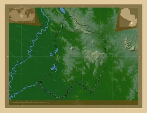 Paraguari, Paraguay. Colored elevation map with lakes and rivers Illustrazione stock
