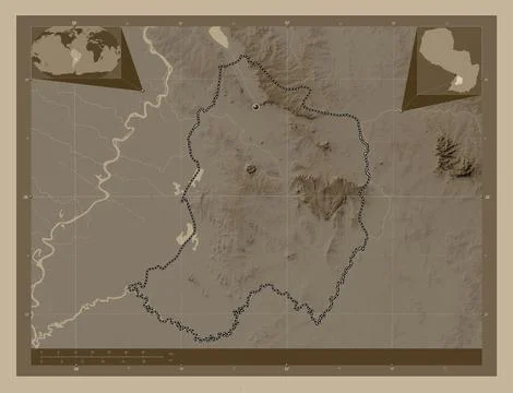 Paraguari, Paraguay. Elevation map colored in sepia tones with lakes and rive Stock Illustration
