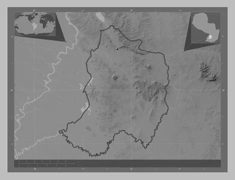 Paraguari, Paraguay. Grayscale elevation map with lakes and rivers イラスト素材