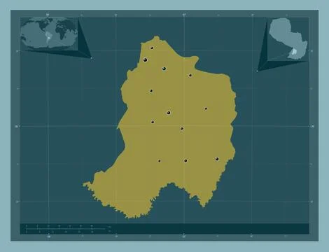 Paraguari, Paraguay. Solid color shape. Locations of major cities of the regi Stock Illustration