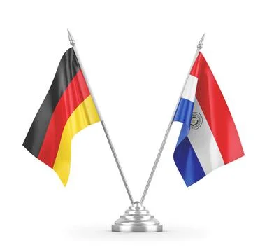 Paraguay and Germany table flags isolated on white 3D rendering Stock Illustration