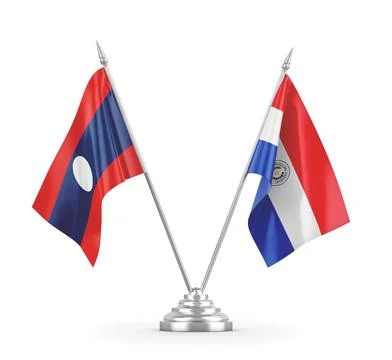 Paraguay and Laos table flags isolated on white 3D rendering. Stock Illustration