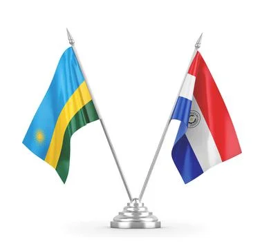 Paraguay and Rwanda table flags isolated on white 3D rendering Stock Illustration