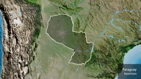 Paraguay border shape overlay. Outlined. Satellite. Labels イラスト素材