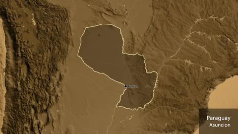 Paraguay border shape overlay. Outlined. Sepia elevation. Labels 스톡 일러스트