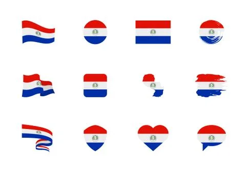 Paraguay flag - flat collection. Flags of different shaped twelve flat icons. 스톡 일러스트