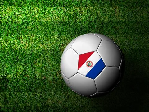 Paraguay flag pattern 3d rendering of a soccer ball in green grass Stock Illustration