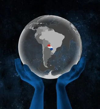 Paraguay on globe in hands in space Illustrazione stock