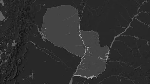 Paraguay highlighted on a Bilevel elevation map with lakes and rivers Ilustración de archivo