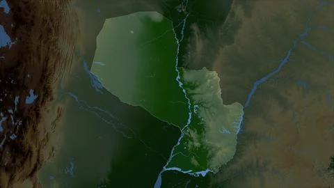 Paraguay highlighted on a Colored elevation map with lakes and rivers イラスト素材