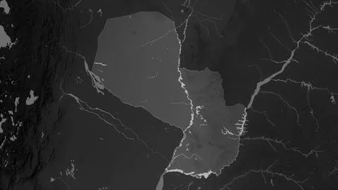 Paraguay highlighted on a Grayscale elevation map with lakes and rivers 스톡 일러스트