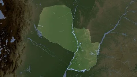 Paraguay highlighted on a Pale colored elevation map with lakes and rivers Stock Illustration