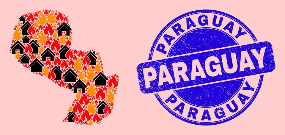 Paraguay Map Composition of Fire and Buildings and Scratched Paraguay Seal 库存插图