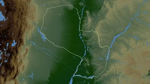 Paraguay outlined on a Colored elevation map with lakes and rivers イラスト素材