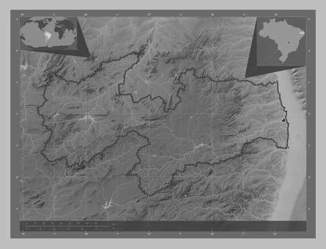 Paraiba, Brazil. Grayscale elevation map with lakes and rivers Illustrazione stock
