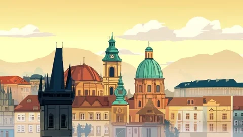 Parallax Animation of Prague Old Town Skyline Stock Footage 310041389