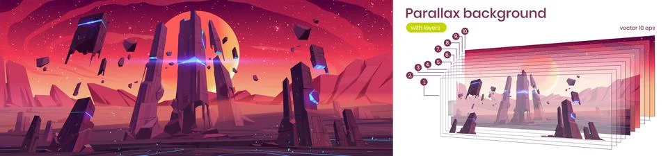 Parallax background alien planet surface landscape Stock Illustration
