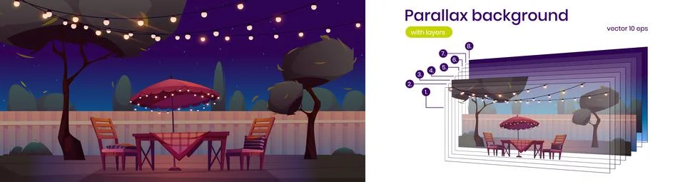 Parallax background with backyard at night Stock Illustration