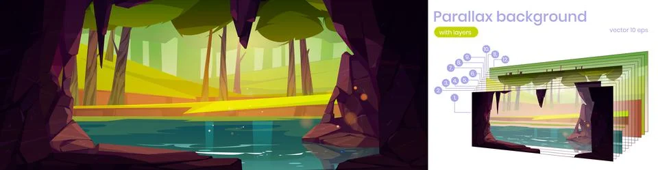 Parallax background with cave, lake and forest Stock Illustration
