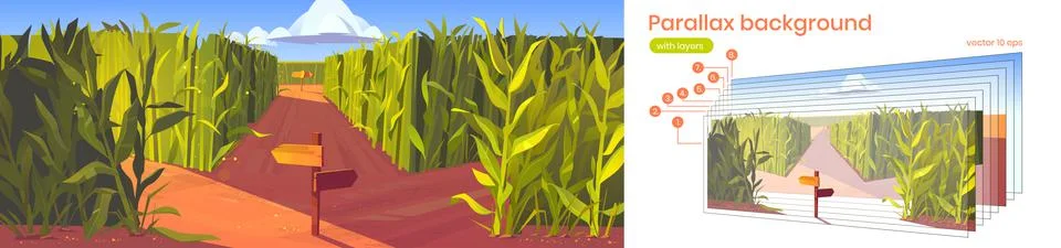 Parallax background cornfield with road pointers Illustrazione stock