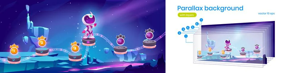 Parallax background, game level map with spaceman Stock Illustration