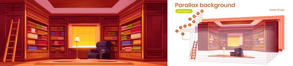 Parallax background with library interior Stock Illustration