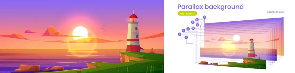 Parallax background lighthouse at beautiful sunset Stock Illustration