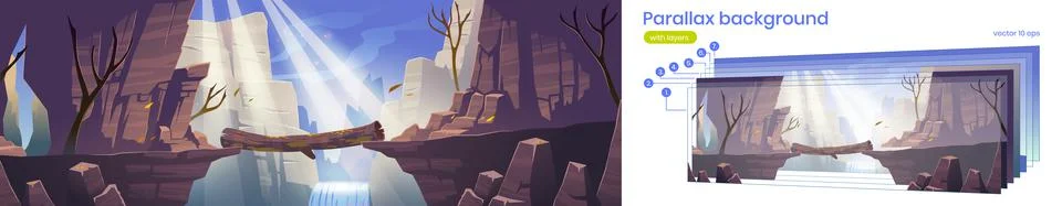 Parallax background log bridge between mountains Stock Illustration