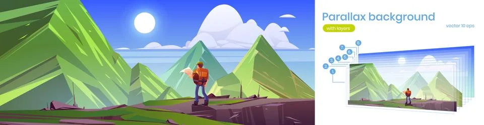Parallax background with mountains and hiker man Stock Illustration