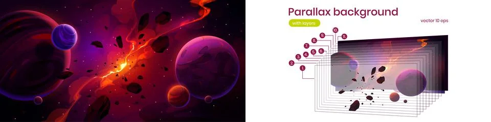 Parallax background planets in outer space, stars Stock Illustration