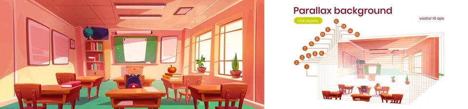 Parallax background with school classroom interior Stock Illustration