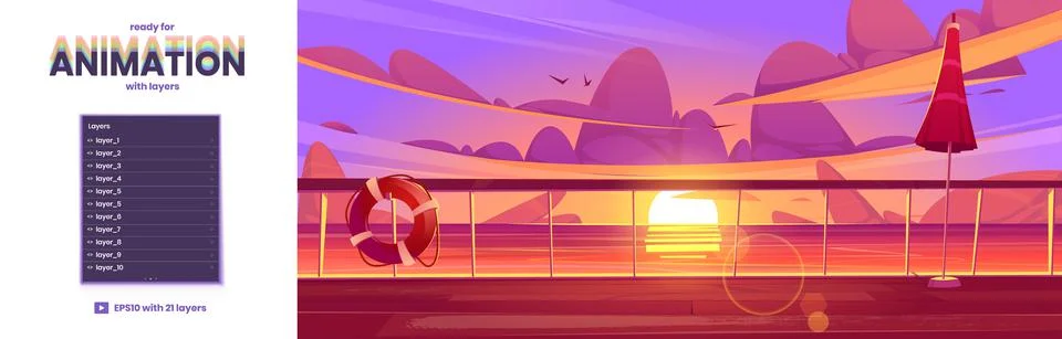 Parallax background with ship deck at sunset Ilustração Stock