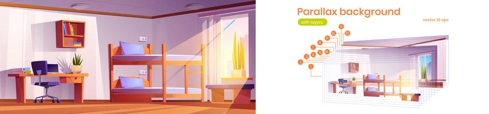 Parallax background student dormitory with bunkbed Illustrazione stock