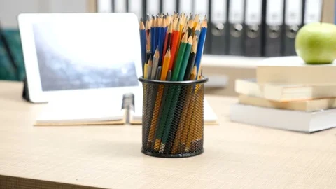 Parallax dolly type footage on colored pencils on a desk Stock-Footage 84093701
