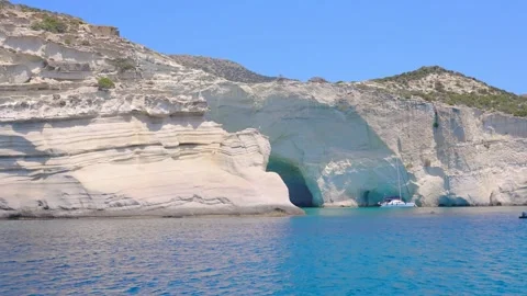 Parallax of Dramatic White Cliffs at Kleftiko on the island of Milos, Greece Stock-Footage 167703359