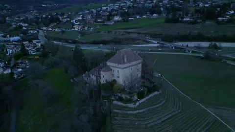Parallax drone shot close to Chatelard Castle at sunset in Montreux Stock Footage 306305877