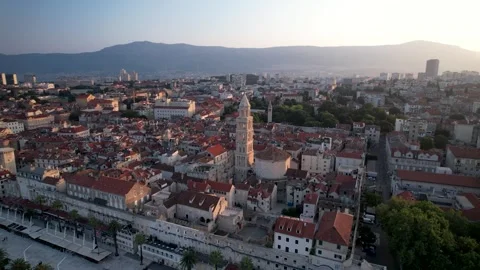 Parallax drone shot of Split at sunrise with Cathedral of Saint Domnius and Stock-Footage 301072553
